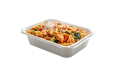 Appetizing chicken stir fry noodles with fresh vegetables in a convenient takeaway container