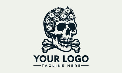 Skull with money on its head and crossbones below, stylized graphic.
