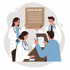 Medical team discussion: A gathering of medical professionals, dressed in crisp white coats, engaged in focused discussion of patient health history and medical records.