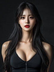 Fototapeta premium Elegant Korean woman with long black hair poses against dark background showcasing confidence and beauty