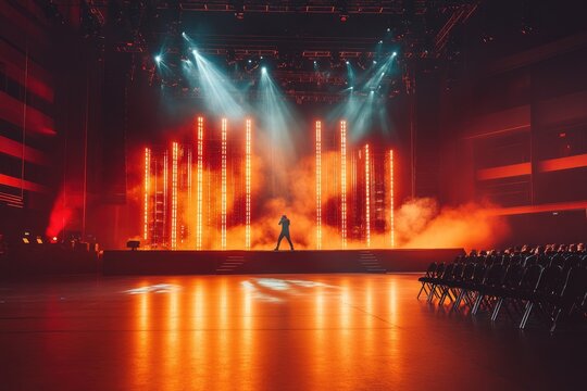 Solo performer silhouetted on stage bathed in warm orange and blue light, smoke effects, and audience visible in the background