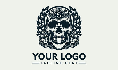 A stylized skull logo, adorned with money and laurel, for a business or brand.