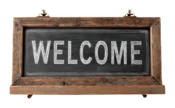 Welcome sign displayed in a rustic setting chalkboard style indoor environment warm invitation cut out png - Powered by Adobe