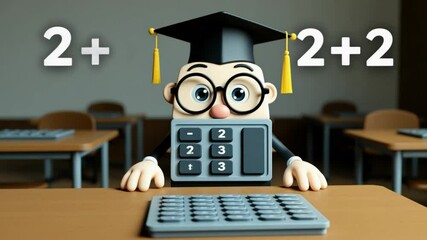 Calculator character teaching arithmetic in a classroom setting with numbers concept