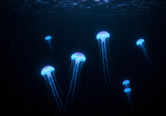 Bioluminescent jellyfish in deep dark ocean, glowing in electric blue and purple, mysterious atmosphere
