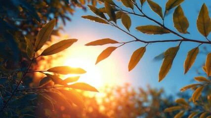 sunlit leaves swaying gently on thin branches, autumn tree branches motion, sunset glow motion, warm light flaring in the background - Powered by Adobe