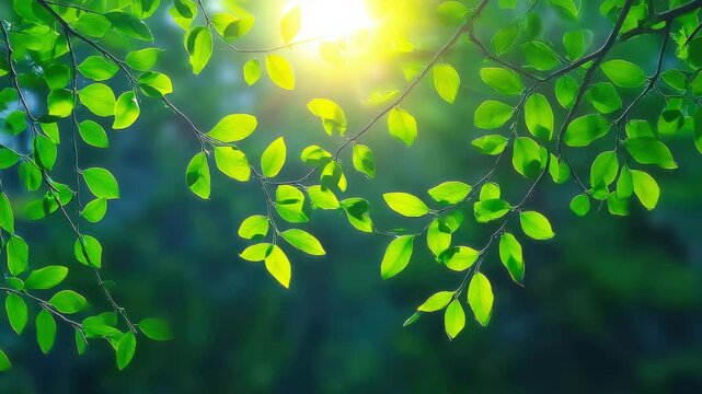 sunlit leaves swaying gently on thin branches, trees branches green leaves animation, bright sunlight glow warm light flaring in the background