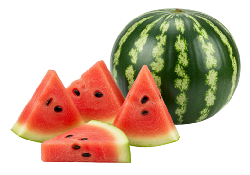 Fresh whole watermelon with slices isolated on PNG background summertime delight, watermelon, fruit, slice, summer, food, fresh, juicy, ripe, red, background, black, isolated, healthy, sweet, vegetari