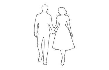 Young couple walking away. Woman wearing shorts and long jacket. Rear view. Continuous line drawing, Black linear sketch isolated on white background. Vector illustration.
