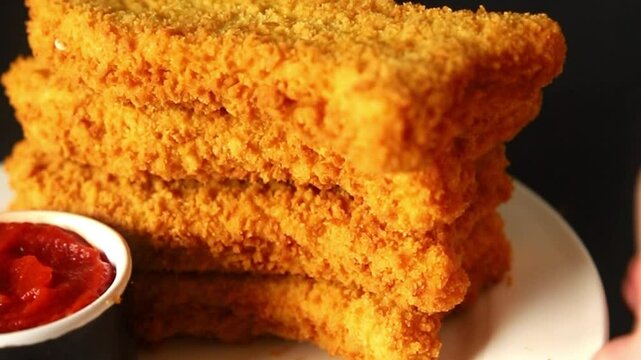 Fish cutlet breaded fish sticks shaped fish nuggets fast food fresh gourmet food background on the table rustic food top view copy space
