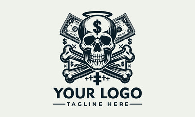 A stylized logo featuring a skull with dollar signs, crossed bones, and money, designed for a business or brand.