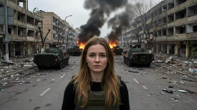 Woman stands defiant amidst war-torn city landscape filled with tanks and destruction