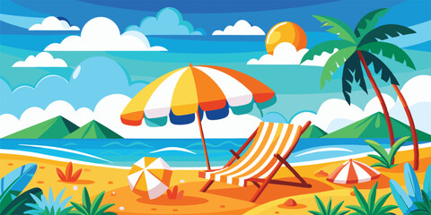 Obraz premium Beach Vacation Scene Illustration, Tropical Holiday Relaxation Art, Summer Coastal Leisure Design background.