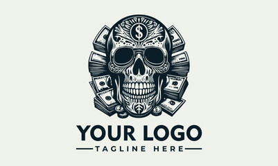 Ornate sugar skull logo surrounded by stacks of money, representing wealth and possibly mortality.