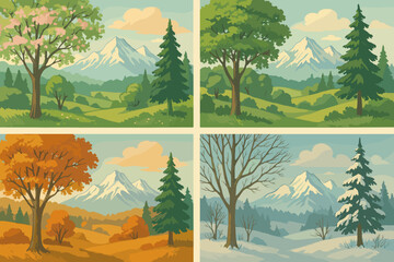Four Seasons Mountain Landscape Illustration Spring, Summer, Autumn, Winter