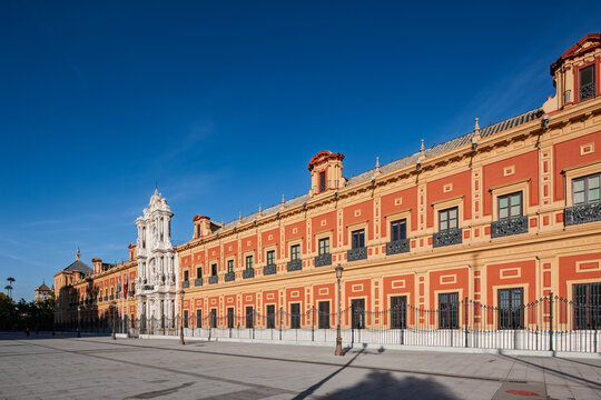Main facade of San Telmo Palace in Seville showcases Baroque design