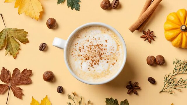 Pumpkin spice latte in white mug surrounded by autumn leaves, spices, and nuts on warm seasonal background
