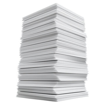 Large stack of plain white printing paper isolated on png transparent background