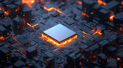 A computer chip is lit up with orange lights