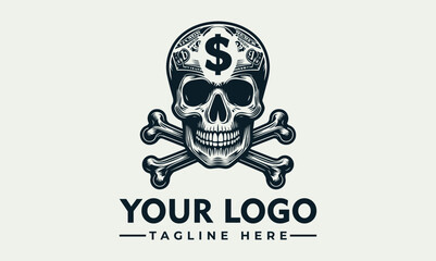 A stylized skull logo design, featuring crossed bones and a dollar sign within the skull's brain.