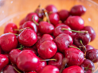Freshly Ripe Cherries in a Glass Bowl