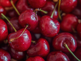 Fresh, Juicy Red Cherries Piled Together in Summer