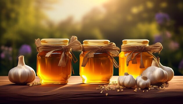 Golden Honey and Garlic Jars on a Wooden Table, Natural Remedies and Healthy Food Ingredients, Bokeh Background, Close-up.