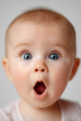 Extreme close-up portrait of a surprised baby with wide-open eyes and mouth, expressing amazement or shock. Photorealistic skin texture, soft light, head and neck only, neutral background.