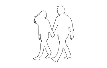 Young couple walking away. Woman wearing shorts and long jacket. Rear view. Continuous line drawing, Black linear sketch isolated on white background. Vector illustration.