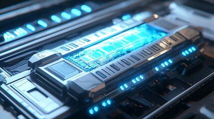 A computer chip with blue lights on it