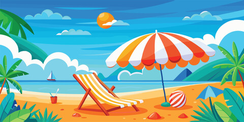 Obraz premium Beach Vacation Scene Illustration, Tropical Holiday Relaxation Art, Summer Coastal Leisure Design background.