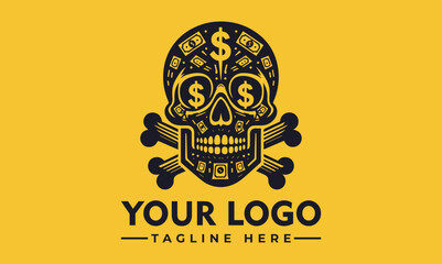 A stylized skull logo, decorated with dollar signs and money, on a yellow background.