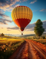 Stunning Hot Air Balloon Floating Above Scenic Dirt Road, Golden Field, Mountains, and Sunset Sky, Beautiful Landscape Travel Photography