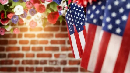 A heartfelt patriotic background with American flags and flowers, an ideal scene for holiday videos, tributes, or political campaigns.