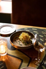 Plated vegetable dish with sauce
