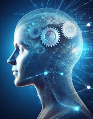 Obraz premium Digital Illustration of a Human Brain with AI Technology, Gears, Neural Networks, and Futuristic Concepts - Artificial Intelligence, Cognitive Thinking