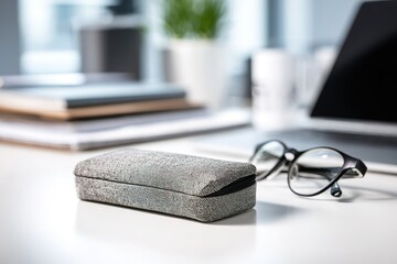 Elegant eyeglass case placed on a desk beside reading glasses and a laptop during a busy workday in a modern office setting