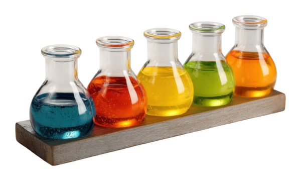 Experiment with colorful solutions in laboratory glassware display science environment close up cut out png