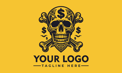 Fototapeta premium Skull and crossbones graphic with dollar signs on a yellow background, with space for a logo and tagline.