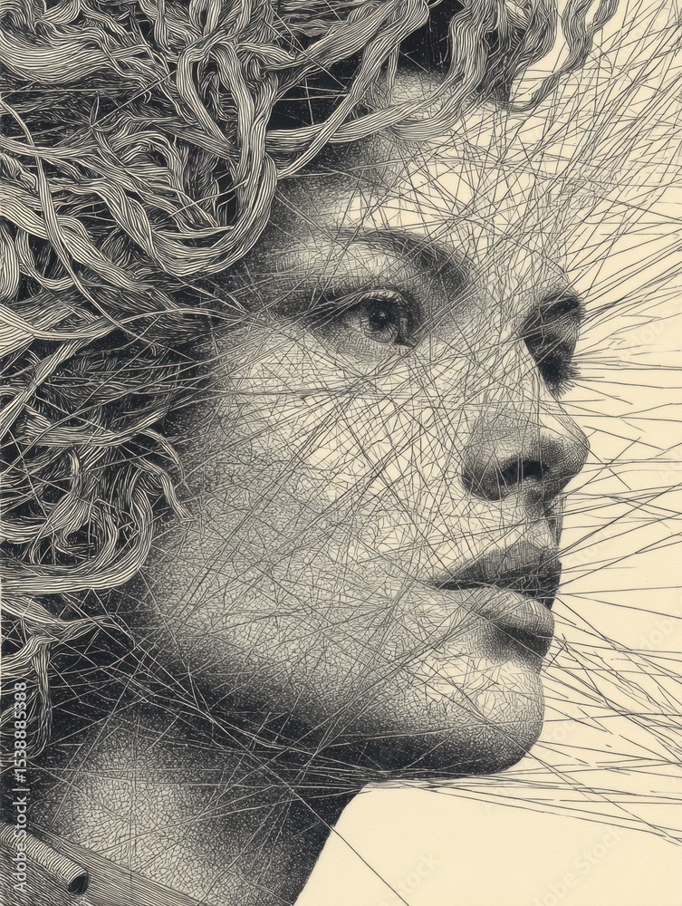 Poster tangled thoughts transform into serene lines, showcasing the journey from chaos to clarity in a woma