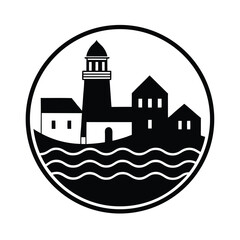 Lighthouse and Buildings on Coastline in Circle Shape