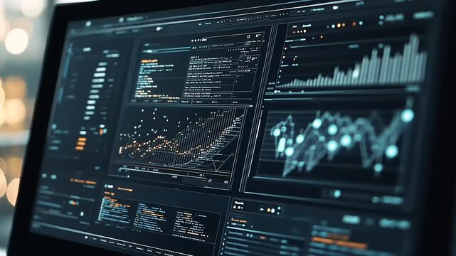 Advanced data analytics dashboard displaying graphs and charts with glowing elements in a modern workspace