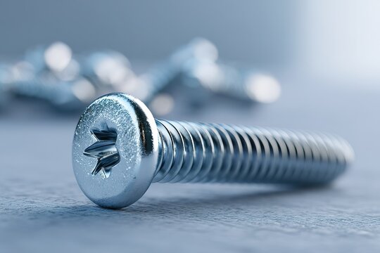 Close-up of a shiny metal screw with threads on a light background showcasing fine details and craftsmanship in manufacturing