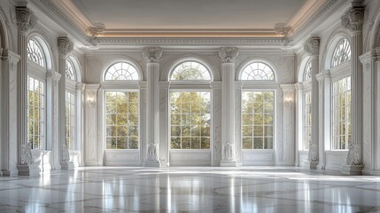 Grand, sunlit, white marble hall with tall arched windows