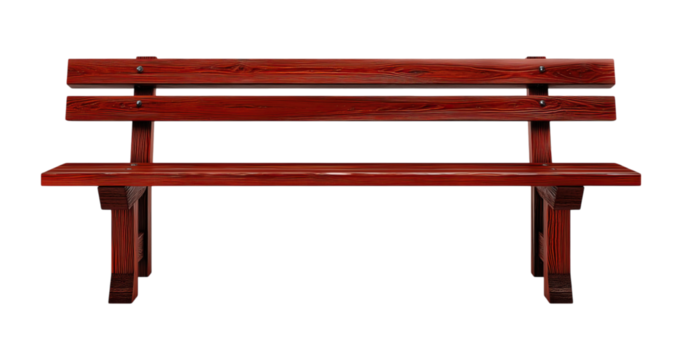 Red wooden park bench isolated on png transparent background