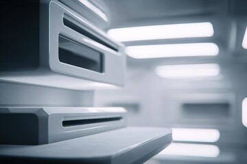 Storage units inside a modern, sleek refrigerator with bright lighting creating a minimalist ambiance
