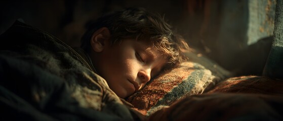 A boy is sleeping on a bed