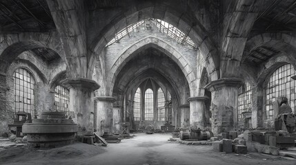 Obraz premium Ruins of an Industrial Cathedral: A Black and White Panorama of Decaying Grandeur