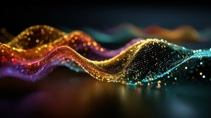 Colorful flowing waves create an immersive digital art experience in a dark environment