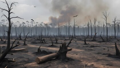 Deforestation and pollution crisis in burnt forests environmental impact post-apocalyptic scene global warming concept